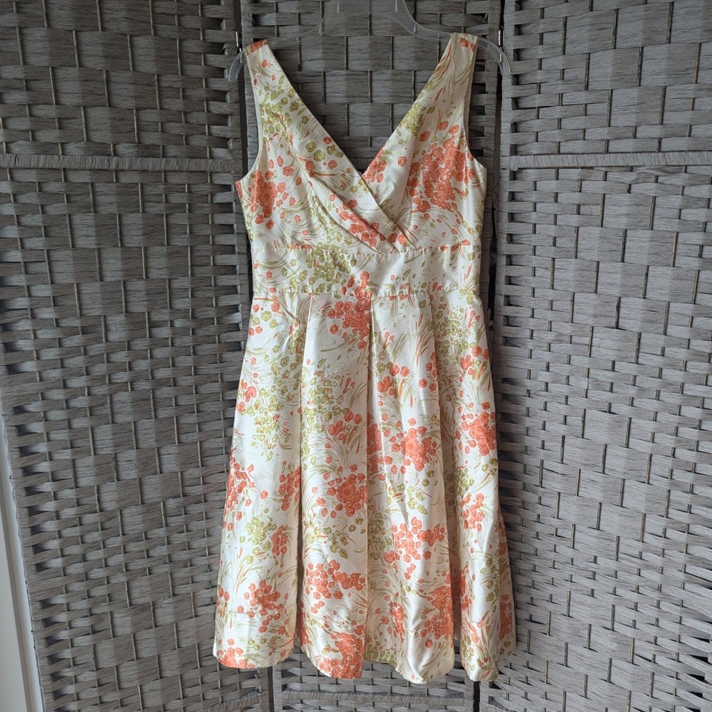 Talbots Fit & Flare Dress Coral Silk Surplice Floral Shimmer Pleated 6 Elegant